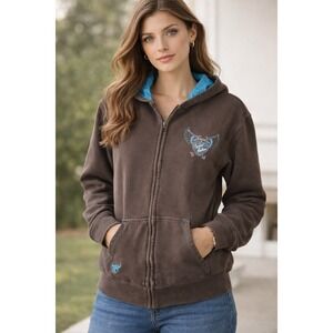 Cowgirl Hardware Brown Zip Up Hoodie Turquoise Satin Lined Western XL